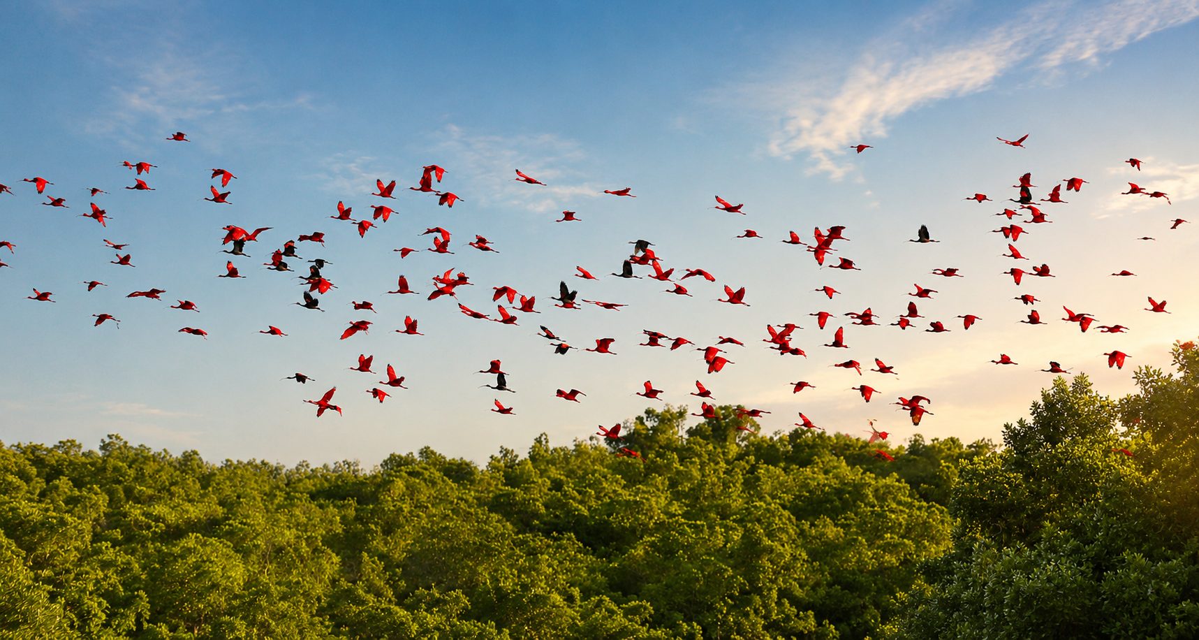 Scarlet Ibis in flight over Trinidad & Tobago